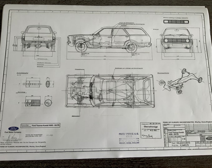 Ford Taunus Kombi 1600 69HP 1972 construction drawing ART work blueprint