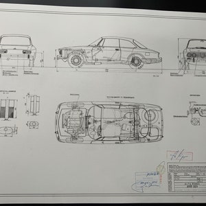Alfa Romeo 2000 GTV Bertone 1971 Blueprint Construction Drawing ART work