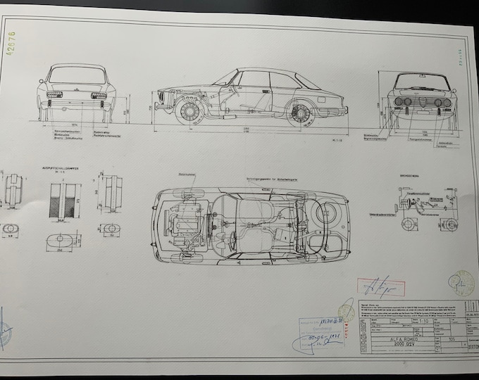 Alfa Romeo 2000 GTV Bertone 1971 Blueprint construction drawing ART work