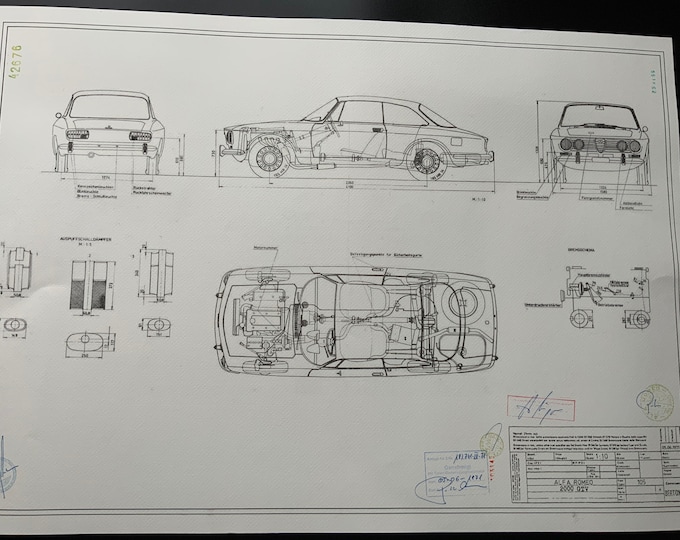 Alfa Romeo 2000 GTV Bertone 1971 Blueprint Construction Drawing ART work