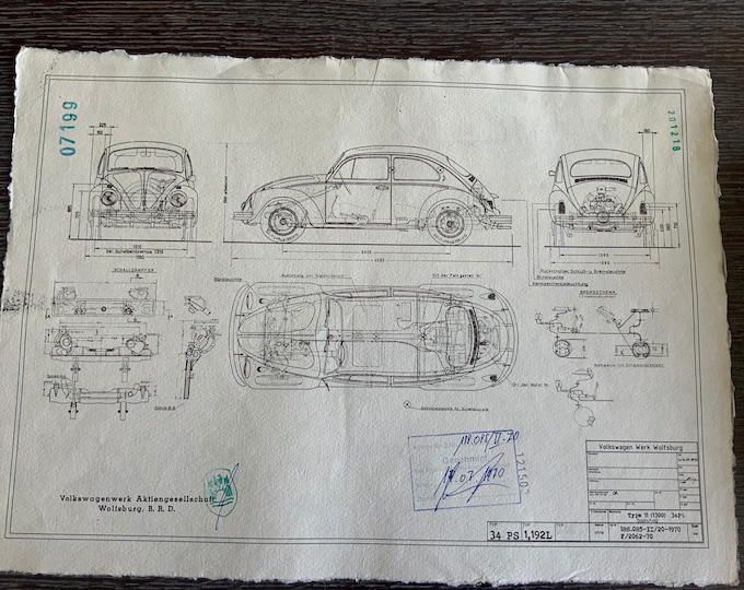 Beetle 1200 34 HP 1970 construction drawing ART work blueprint