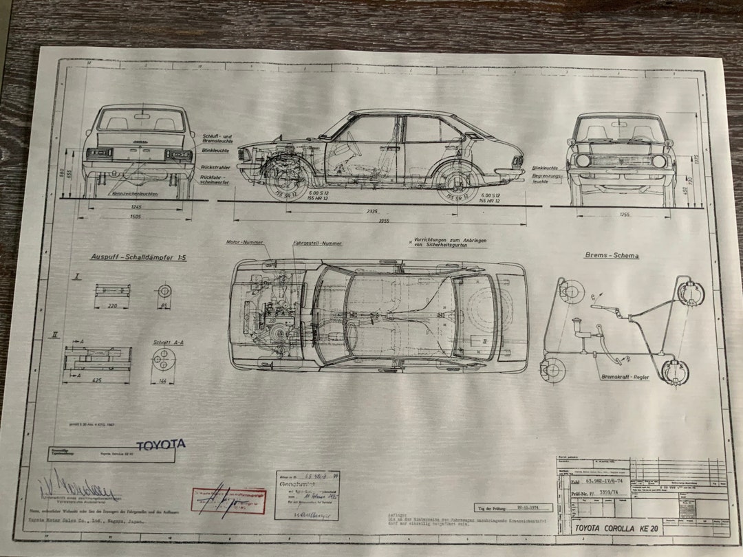 Toyota Corolla KE 20 2 And 4 Door 1974 Construction Drawing ART Work 