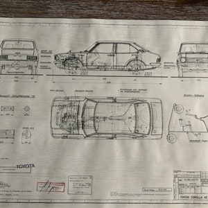 Toyota Corolla KE 20 2 and 4 door 1974 construction drawing ART work blueprint