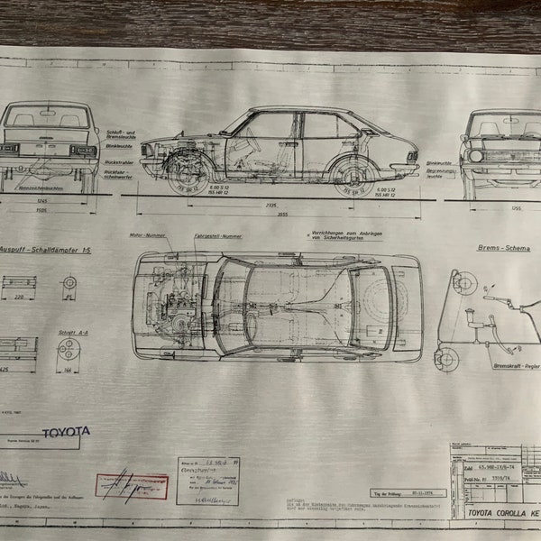 Toyota Corolla KE 20 2 et 4 portes 1974 dessin de construction ART plan de travail
