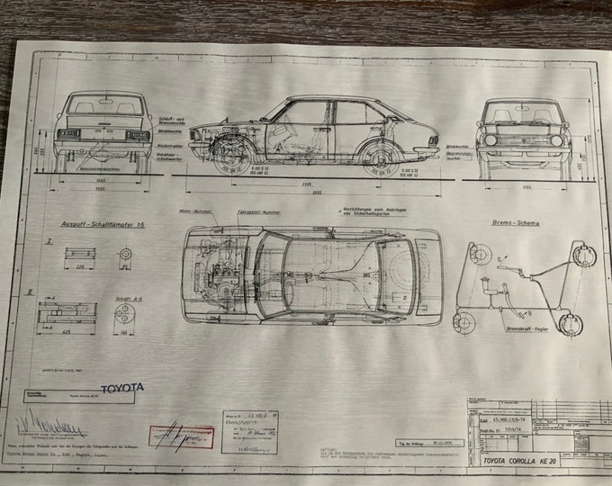Toyota Corolla KE 20 2 and 4 doors 1974 construction drawing ART work blueprint