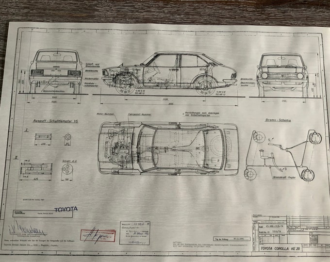 Toyota Corolla KE 20 2 and 4 door 1974 construction drawing ART work blueprint
