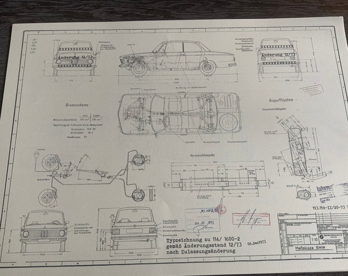 BMW 1602 E114 1973 construction drawing ART work blueprint