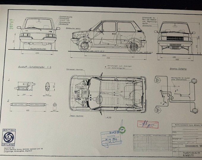 Mini Innocenti 90 L by Leyland design drawing ART work Blueprint