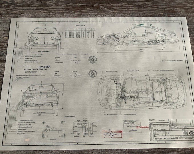 Toyota Celica Series 200 Coupe 1993 Construction Drawing ART work Blueprint
