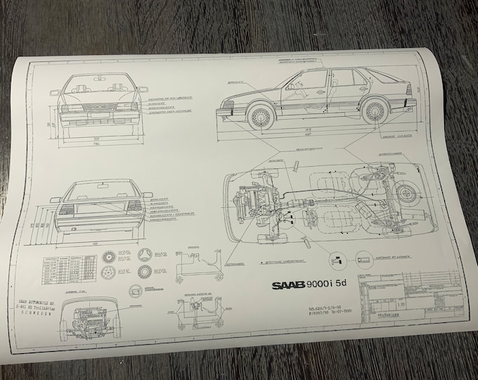 Saab 9000i 5d 1990 construction drawing ART work blueprint