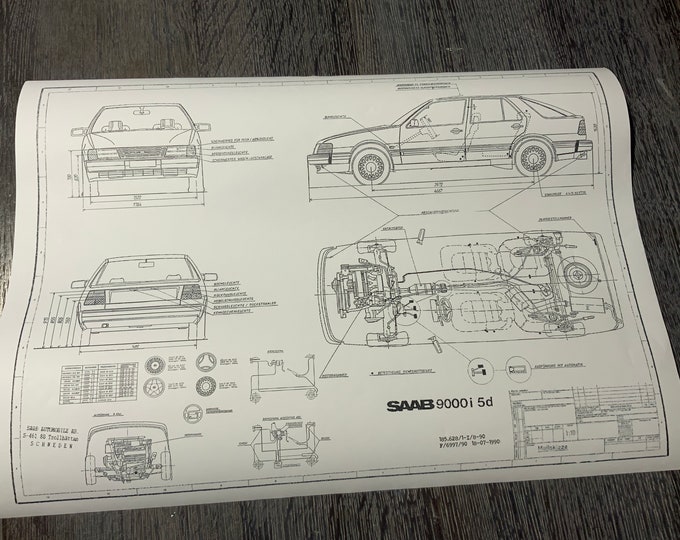 Saab 9000i 5d 1990 construction drawing ART work blueprint