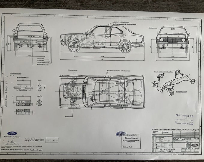 Ford Cortina 1300 57HP 2-4 doors 1970 construction drawing ART work blueprint