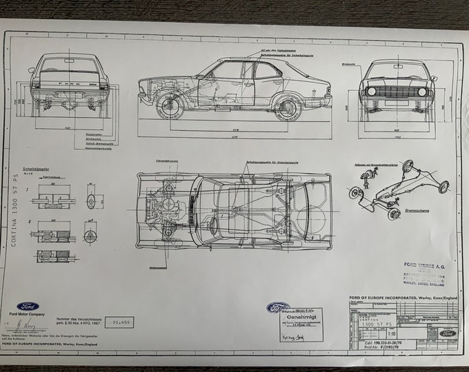 Ford Cortina 1300 57PS 2-4 doors 1970 construction drawing ART work blueprint
