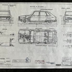 Könnte beinhalten: Eine technische Zeichnung in Schwarzweiß eines Renault 16 TS Automatic. Die Zeichnung zeigt das Auto aus verschiedenen Blickwinkeln, darunter die Front-, Seiten- und Draufsicht. Die Zeichnung enthält auch Details des Innenraums und des Äußeren des Autos, wie z. B. den Motor, die Sitze und die Räder. Die Zeichnung ist mit dem Modellnamen des Autos, "Renault 16 TS Automatic", und der Seriennummer des Autos, "136050", beschriftet.