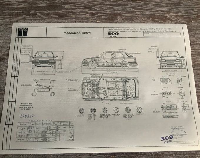 Peugeot 309 10A/C 1986 construction drawing ART work blueprint