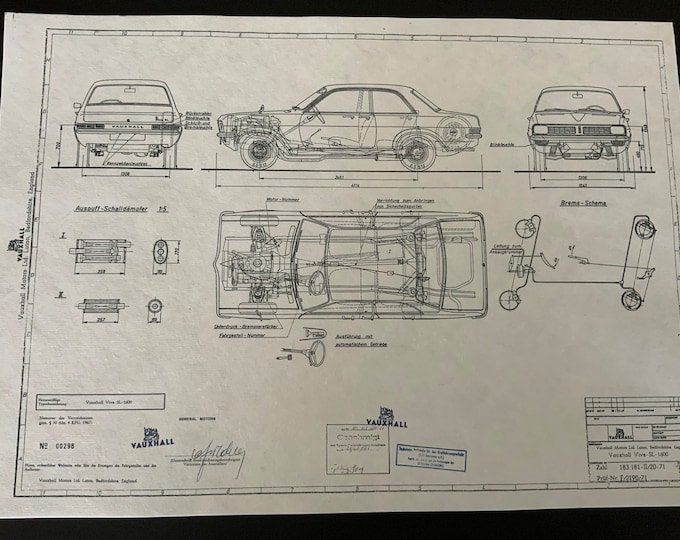 Vauxhall Viva SL 1600 1971 construction drawing ART work blueprint