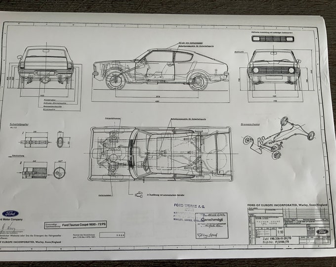 Ford Taunus Coupé 1600 72HP 1970 construction drawing ART work blueprint