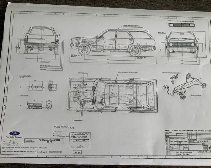 Ford Taunus Kombi 1300 59PS 1970 construction drawing ART work blueprint