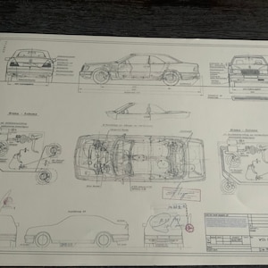 Mercedes W124 Cabrio 1990 Blueprint Konstruktionszeichnung ART work