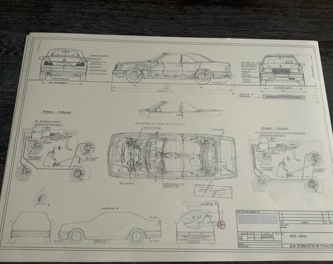Mercedes W124 Cabriolet 1990 Blueprint construction drawing ART work