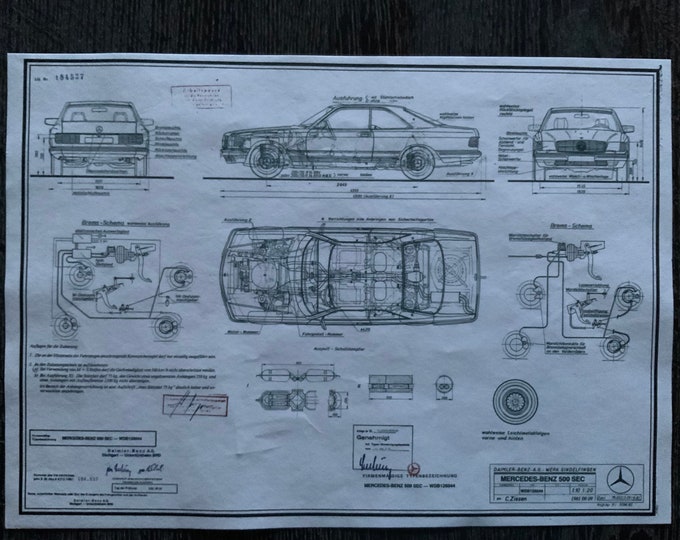 Mercedes W126 C Coupe 1981 construction drawing ART work