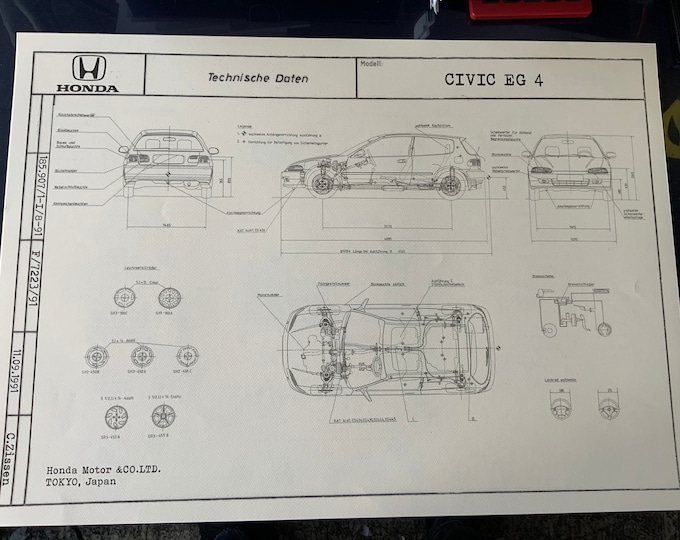 Honda Civic EG4 1991 construction drawing ART work Blueprint