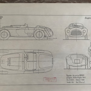 FERRARI Spyder da Corsa Mille Miglia 1949 dessin de construction œuvre d'ART