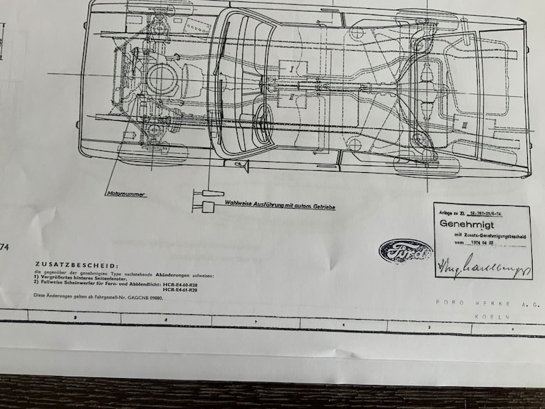 Puede incluir: Un dibujo t&eacute;cnico en blanco y negro del chasis de un autom&oacute;vil. El dibujo est&aacute; etiquetado con el texto "Zusatzbescheid" y "Genehmigt".