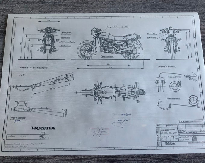 Honda CX 500 1978 construction drawing ART work blueprint