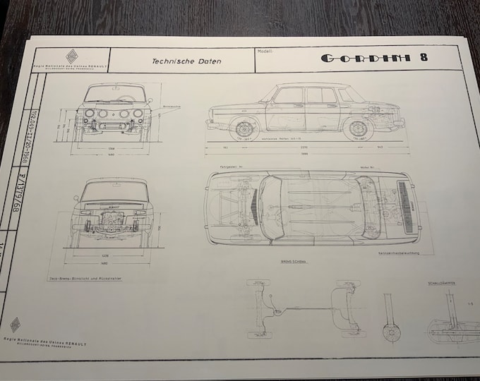 Renault 8 Gordini 1968 construction drawing ART work Blueprint