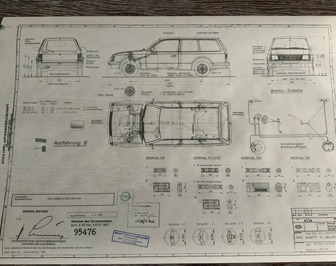Opel Kadett D -Delivery-Van Kombi 1982 construction drawing ART work blueprint