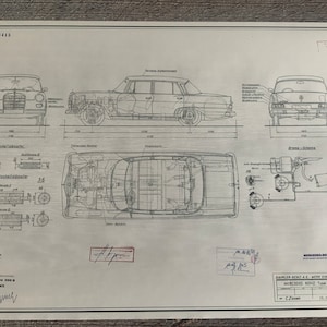 Mercedes W110 200 D 1965 Blueprint construction drawing ART work