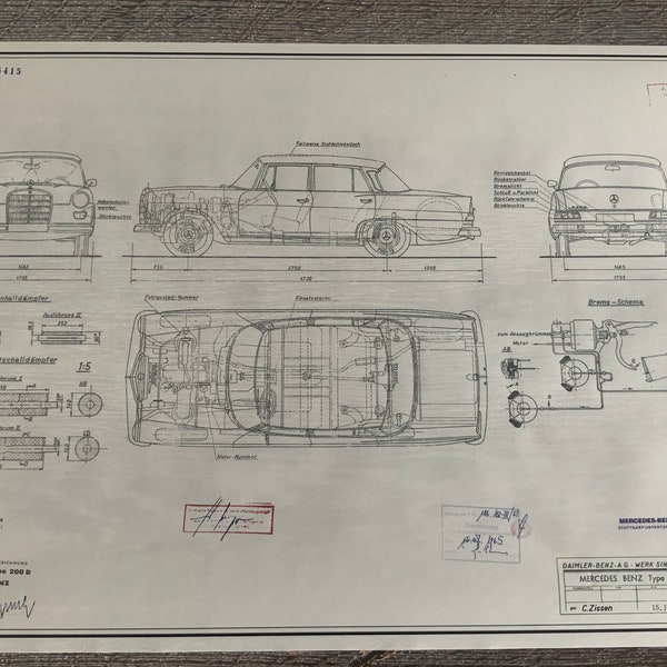 Mercedes W110 200 D 1965 Blueprint Konstruktionszeichnung ART work