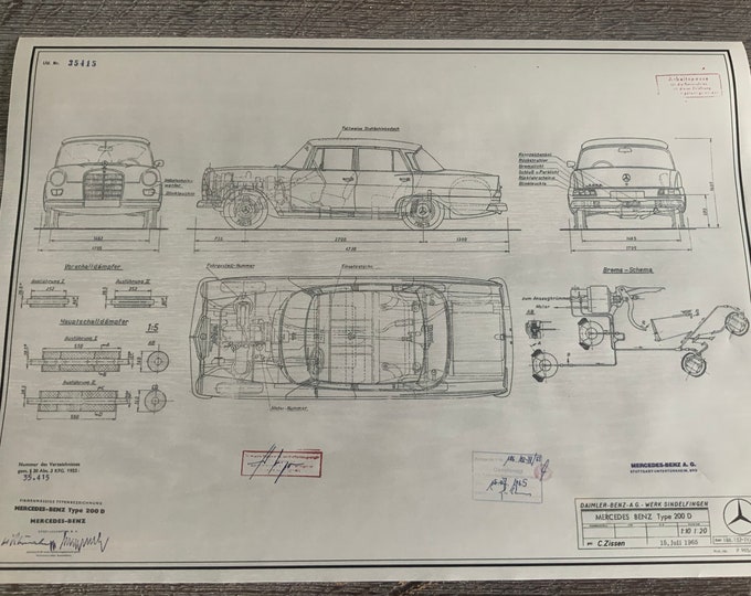 Mercedes W110 200 D 1965 Blueprint construction drawing ART work
