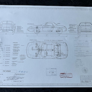 May include: A black and white technical drawing of a Fiat Spider Barchetta 16V car. The drawing shows the car from the front, side, and top views. The drawing also includes a table of specifications for the car.