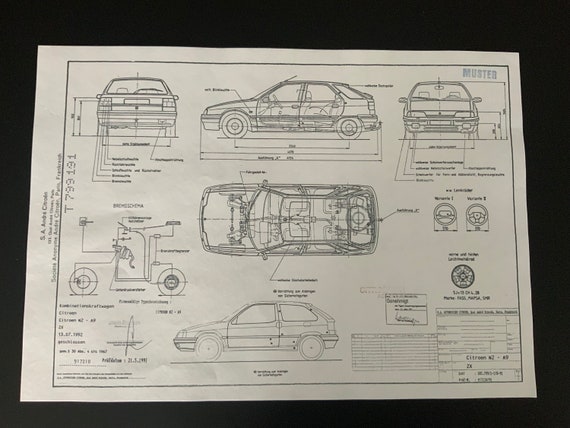 Citroën ZX 1991 dessin de construction plan de travail ART - Etsy
