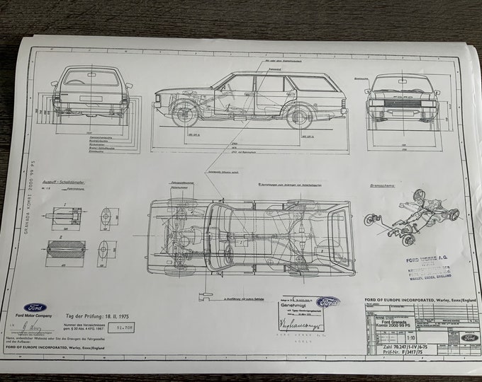Ford Granada station wagon 2000 99PS 1975 construction drawing ART work blueprint