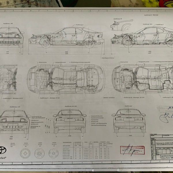 Toyota Celica Serie 180 3SGTE 1989 Konstruktionszeichnung ART work Blaupause