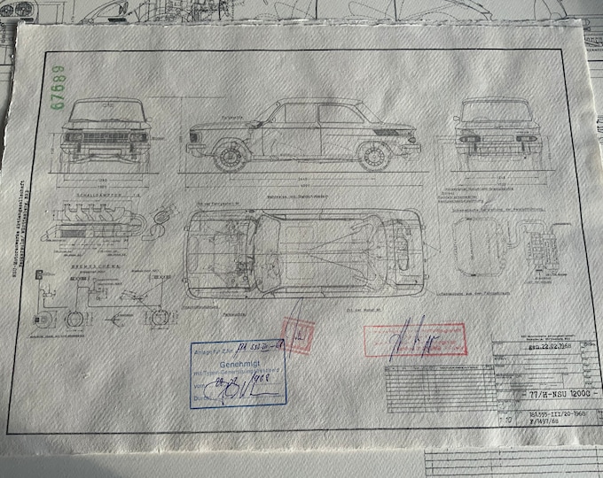 NSU Prinz 1200 c 1968 construction drawing ART work blueprint