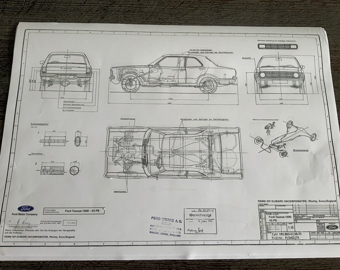 Ford Taunus 1300 55PS 2-4 doors 1971 construction drawing ART work blueprint