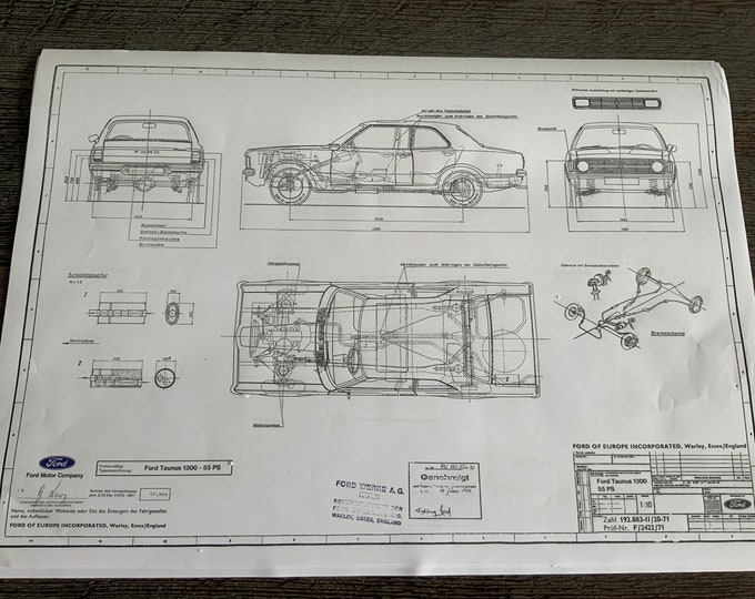 Ford Taunus 1300 55PS 2-4 Door 1971 Construction Drawing ART work Blueprint