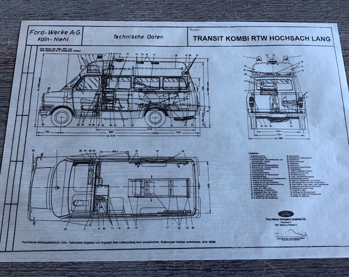 Ford Transit RTW High Roof Long Construction Drawing ART work Blueprint