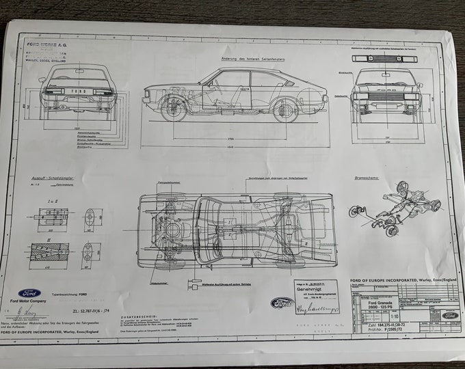 Ford Granada Coupé 2600 125PS 1974 construction drawing ART work blueprint