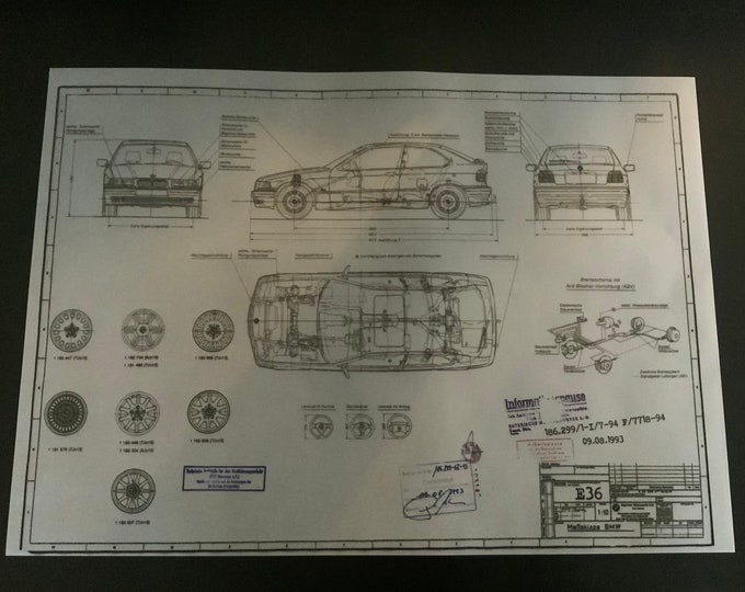 BMW E36 Compact construction drawing ART work Blueprint