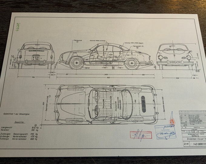 VW Karmann Ghia Type 14 Coupe 1957 construction drawing ART work blueprint