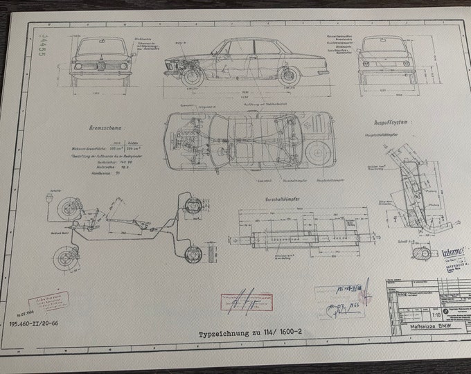 BMW 1602 E114 1966 construction drawing ART work blueprint