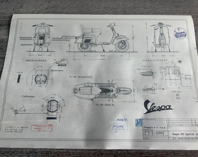 Vespa 125 VNL 1967 Sprint construction drawing ART work blueprint