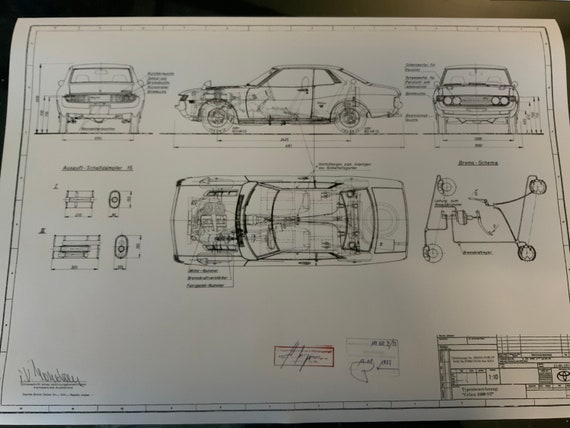 Toyota Celica 1600 ST 1973 Construction Drawing ART Work Blueprint