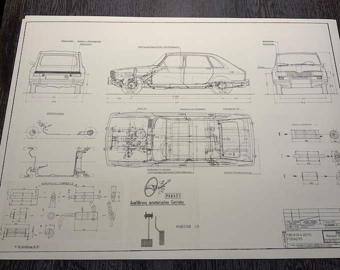 Renault 16 TL 1970 construction drawing ART work Blueprint