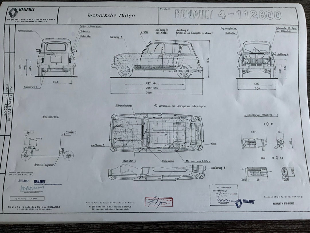 Renault R4 112800 GTL 1978 Construction Drawing ART Work Blueprint - Etsy